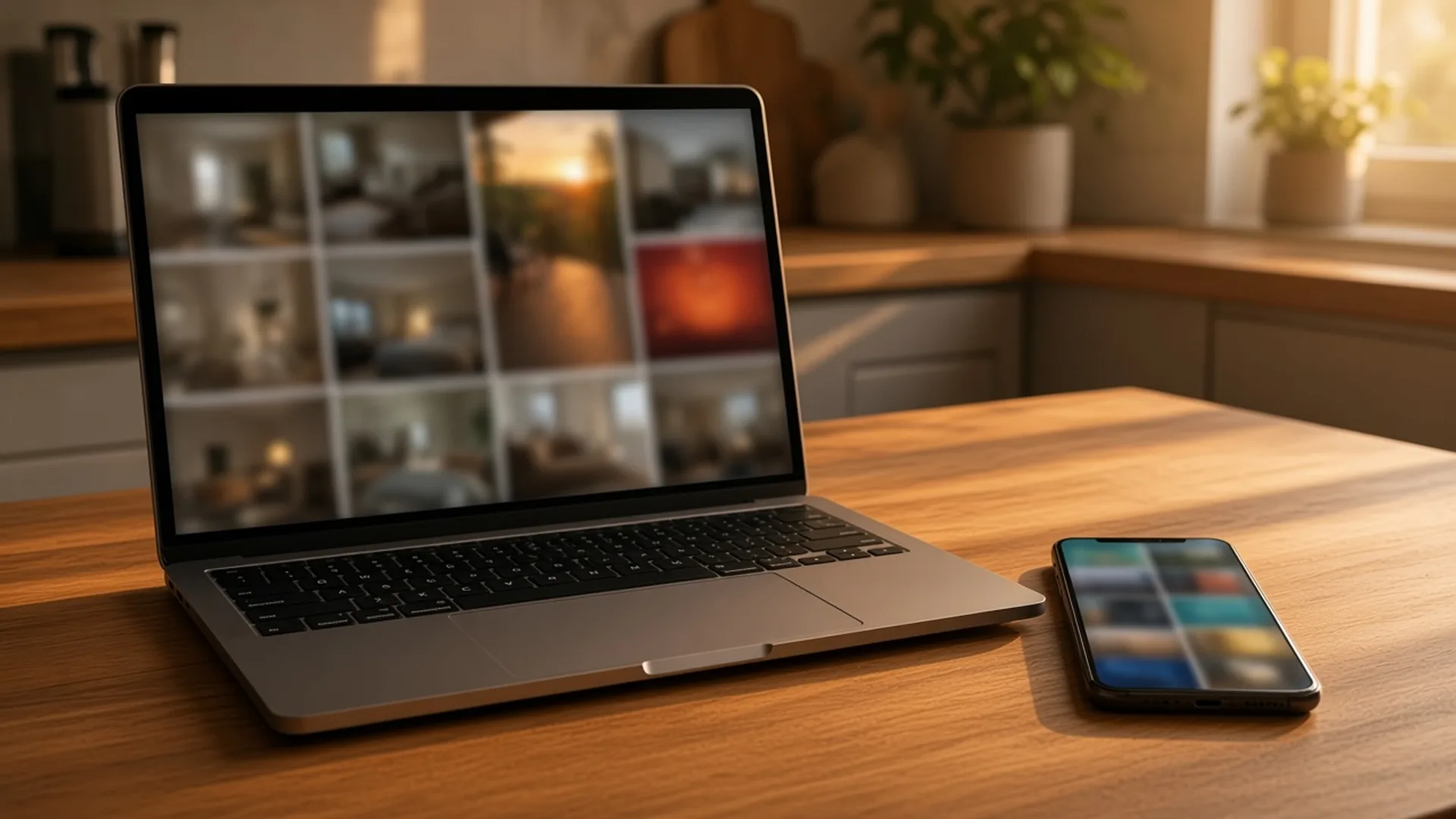 A laptop and a phone side by side on a kitchen table. Both show a blurred vacation-rental search grid, with the thumbnails differing slightly. Soft morning light, no faces, no logos.