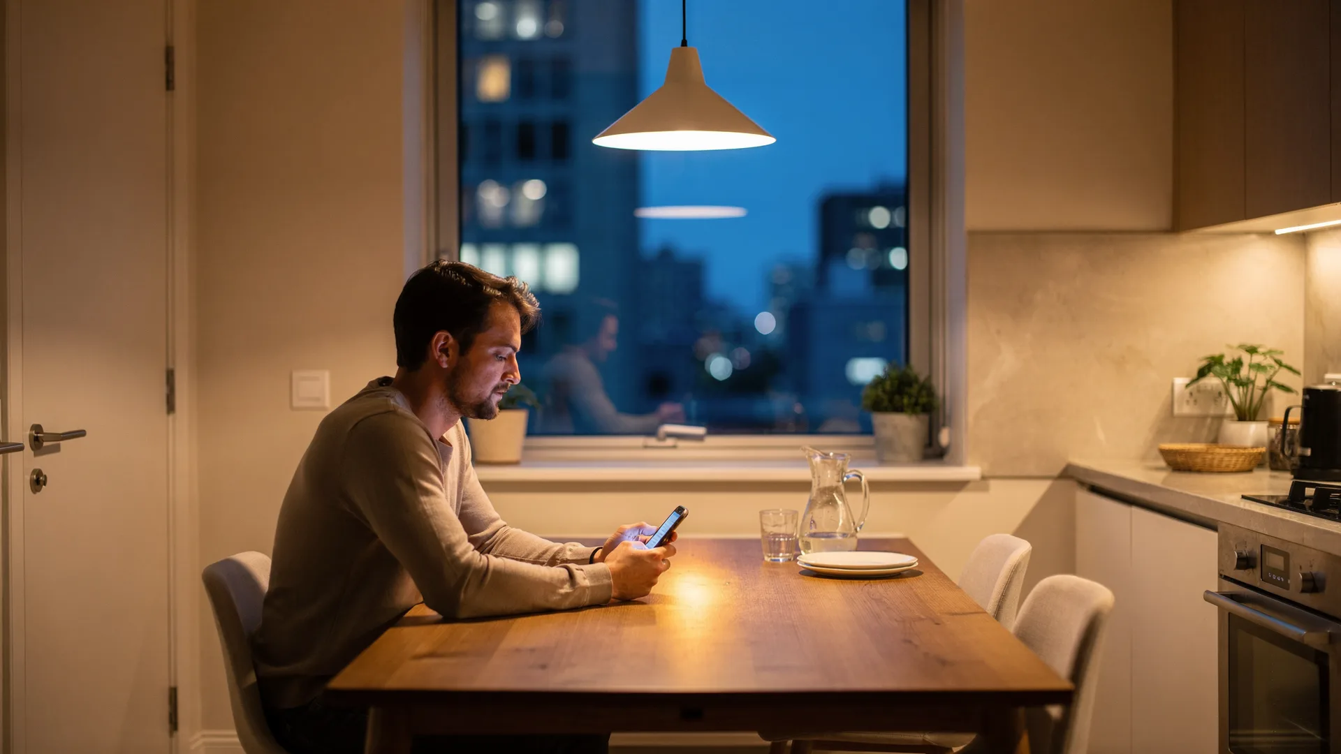 Host at a kitchen table at night holding a phone, softly out of focus, warm pendant light against blue city glow through the window.