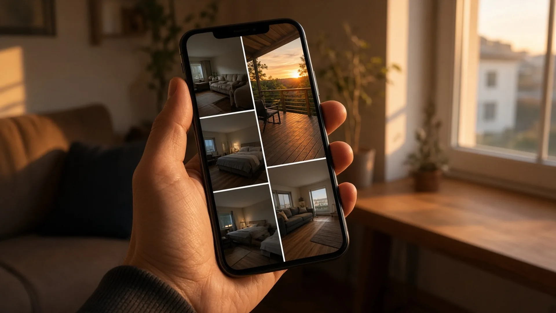 A phone held in one hand, showing a grid of vacation rental search thumbnails. One bright thumbnail of a lit-up deck at dusk stands out from duller ones. Real home setting in soft evening light, no people's faces, no platform logos.