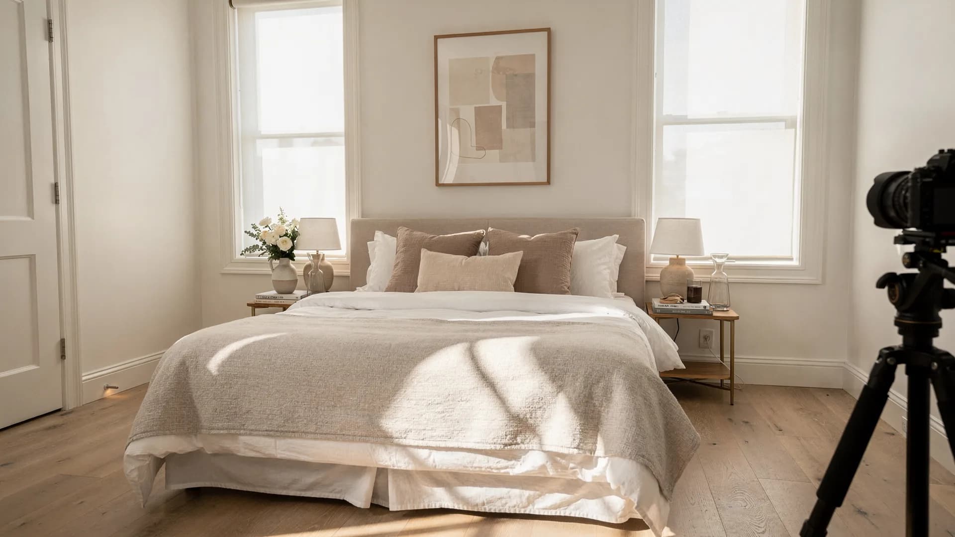 Bright staged bedroom with morning light across the bed and a professional camera on a tripod at the edge of the frame.
