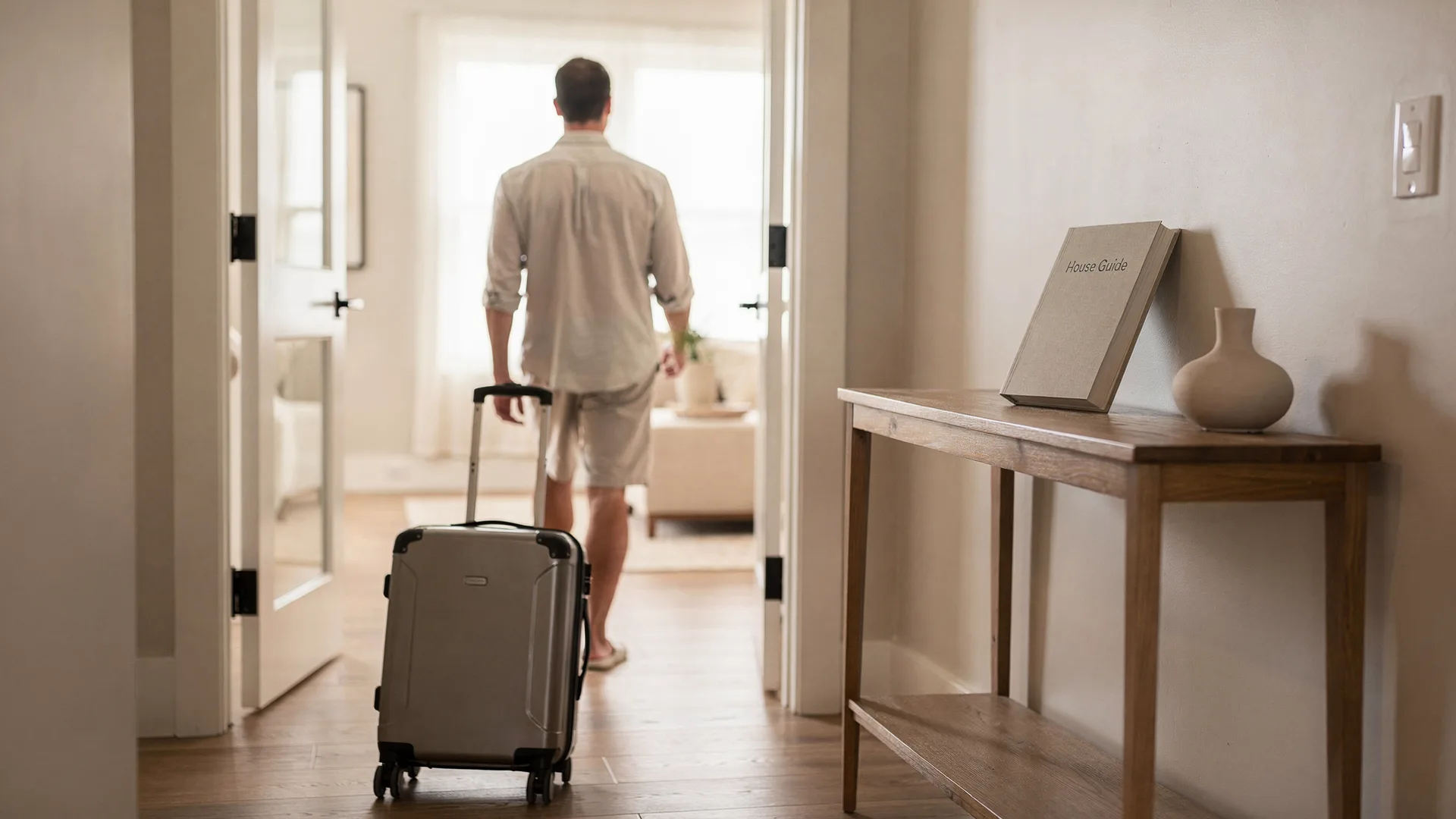 Guest rolling a suitcase into a bright rental entryway, face turned away, passing a console table with an unopened house guidebook.