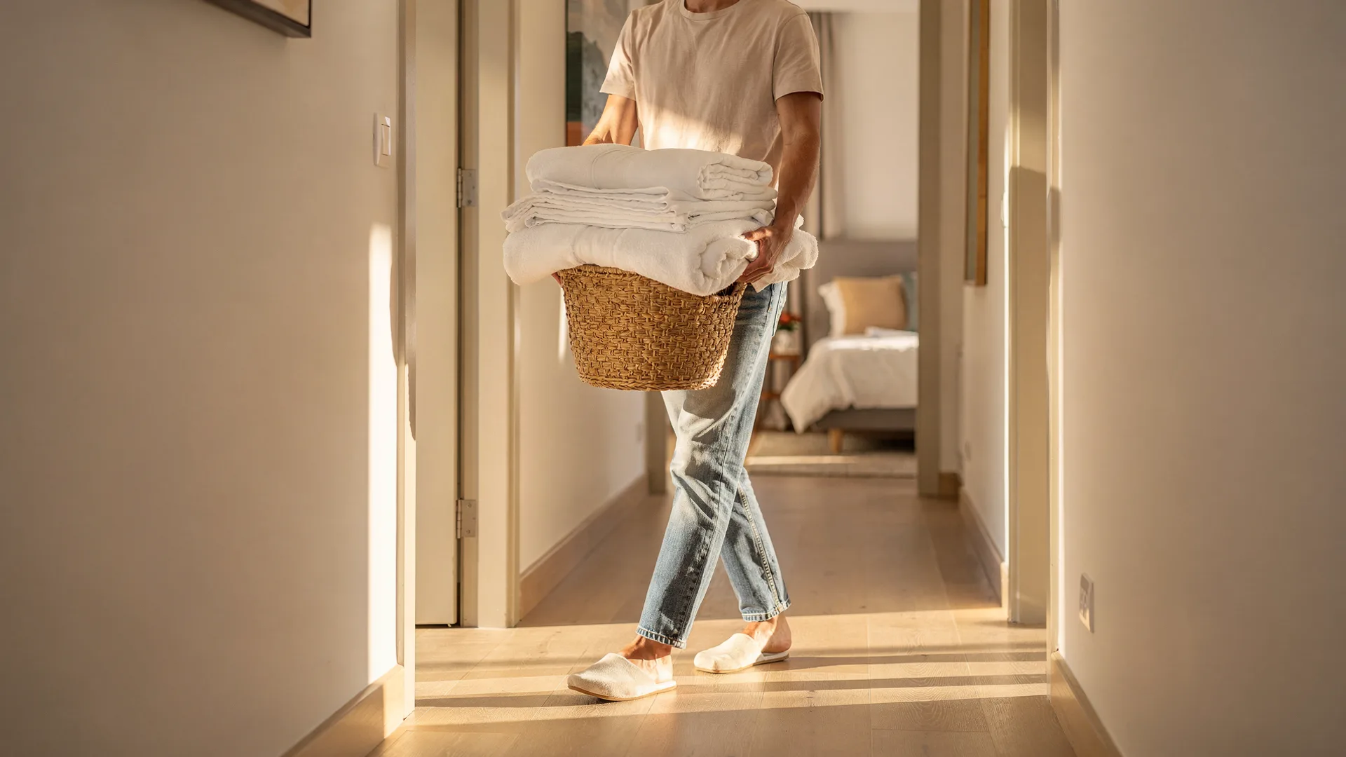 Host carrying a laundry basket piled with white linens down a sunlit rental hallway, face turned away from the camera.