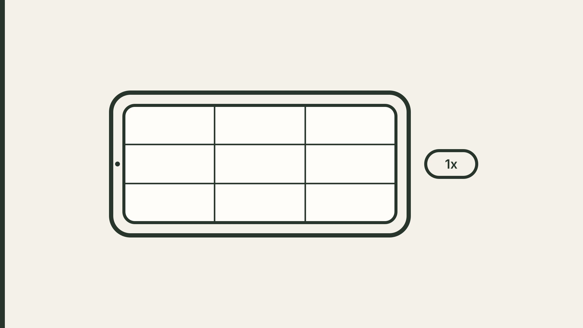 Illustrated editorial card: a phone held level with a camera grid on its screen, a small 1x lens label beside it. No room photo, no faces, no logos.