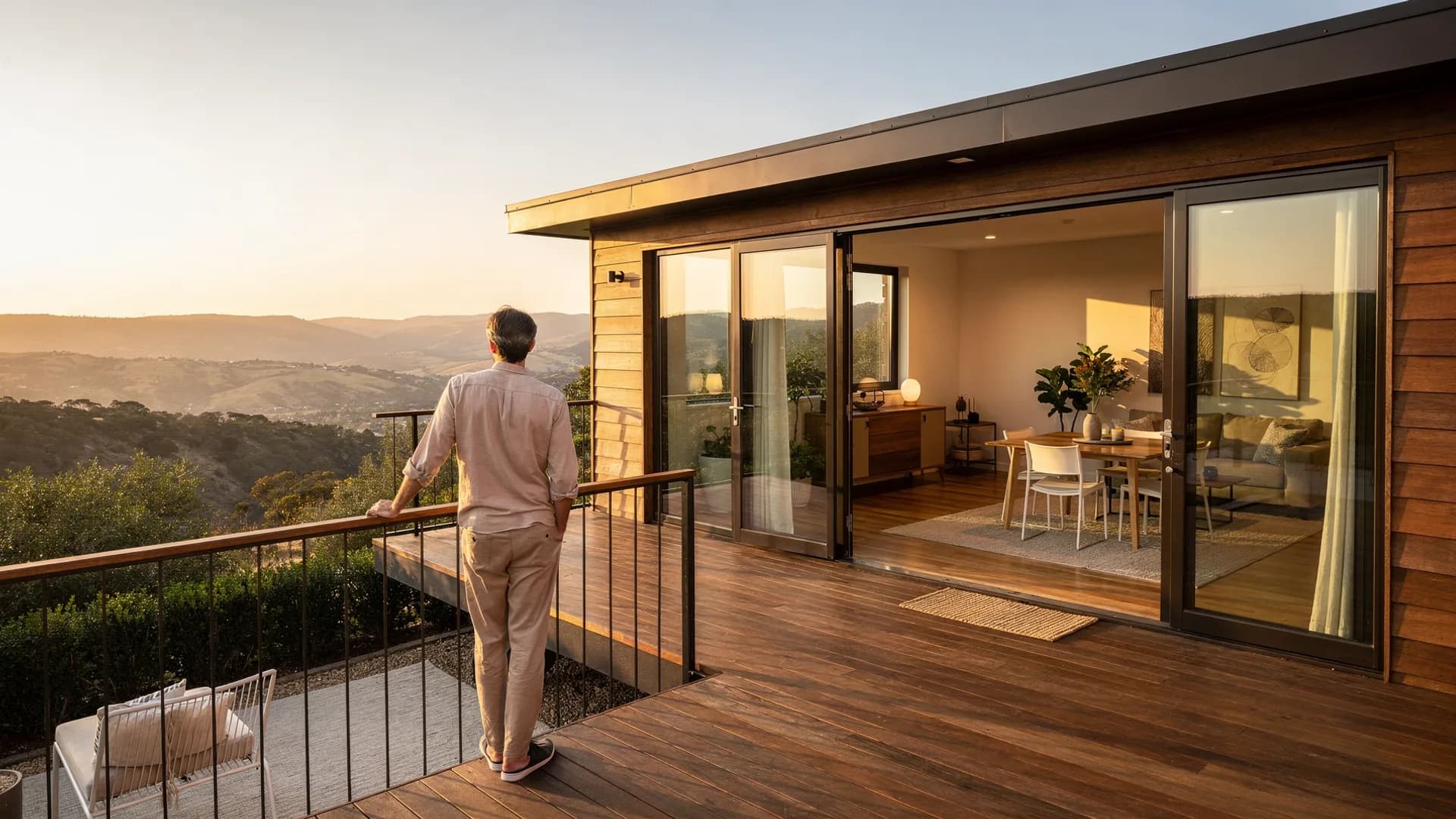Modern rental house at golden hour with the host standing on the wooden deck looking out over a valley view.