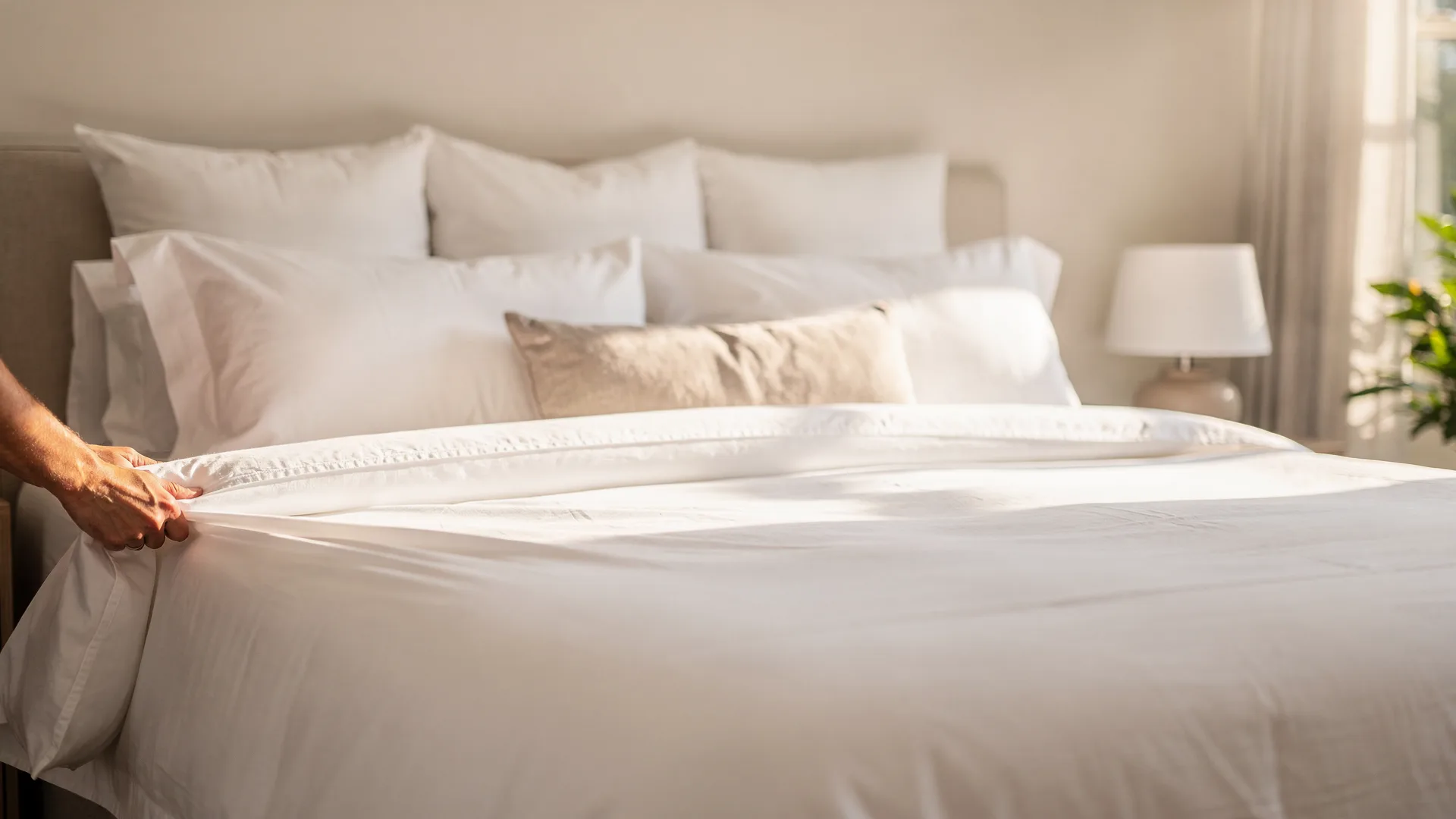 Hands smoothing a crisp white duvet in a bright guest bedroom with five plumped pillows in perfect alignment.