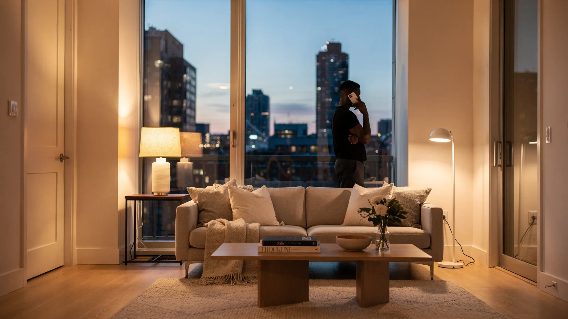 Host on a phone call at a tall city apartment window, softly silhouetted against evening skyline light with warm lamps inside.