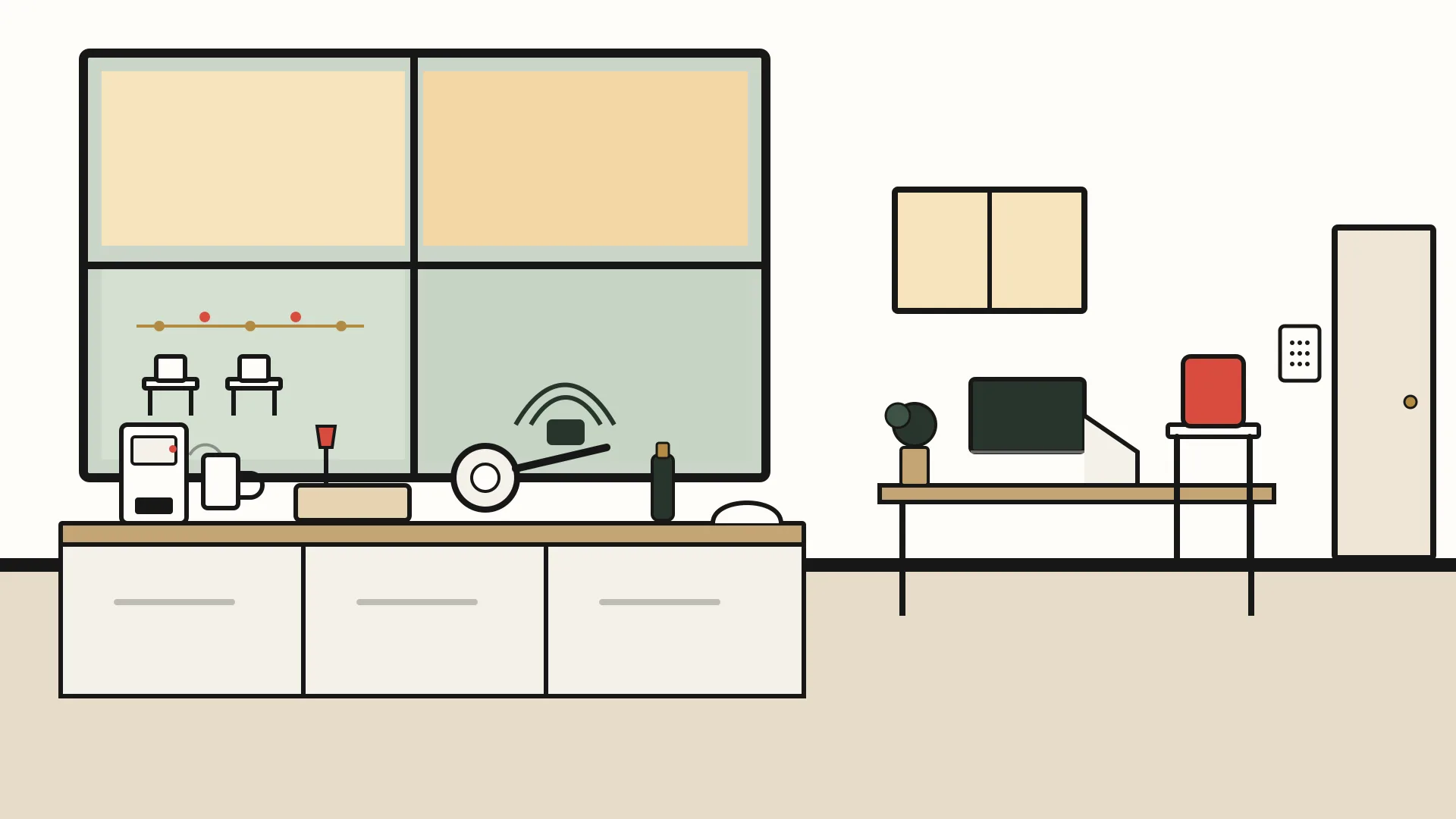 Editorial illustration of a bright kitchen and workspace by a window, with simple cookware, a desk and chair, and a patio with two chairs and string lights outside.