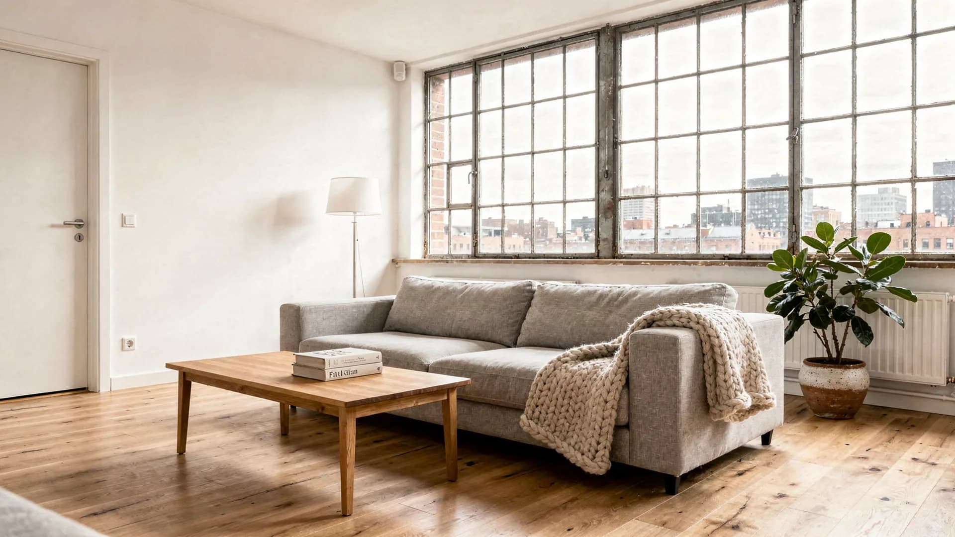 Immaculate Scandinavian-style loft living room styled with a wool throw and stacked books, empty in bright midday light.