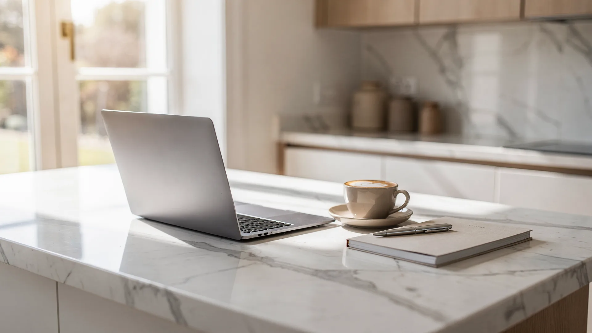 Open laptop, cappuccino, and a paper notebook on a marble kitchen island in a bright rental, morning light from a tall window.