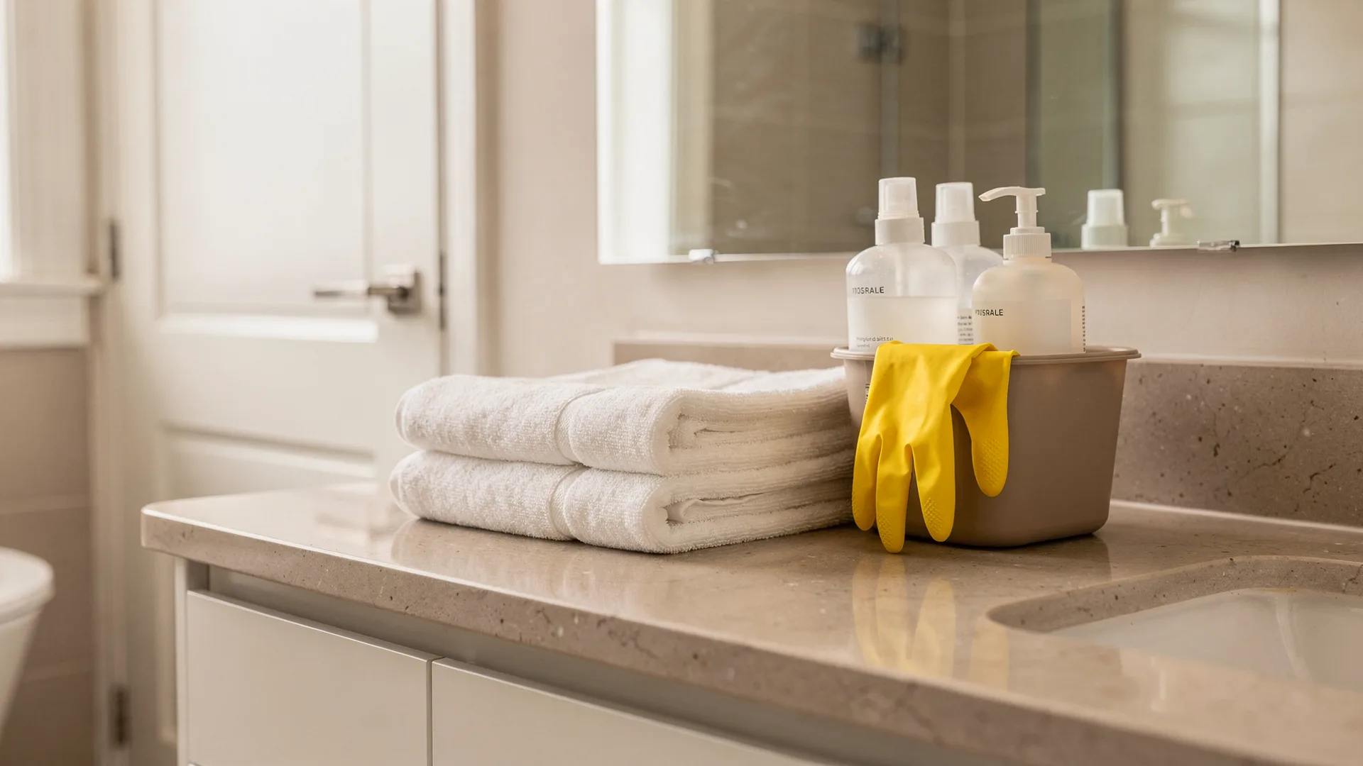 Bright rental bathroom mid-turnover with fresh folded towels, a caddy of unlabeled cleaning bottles, and rubber gloves on the counter.