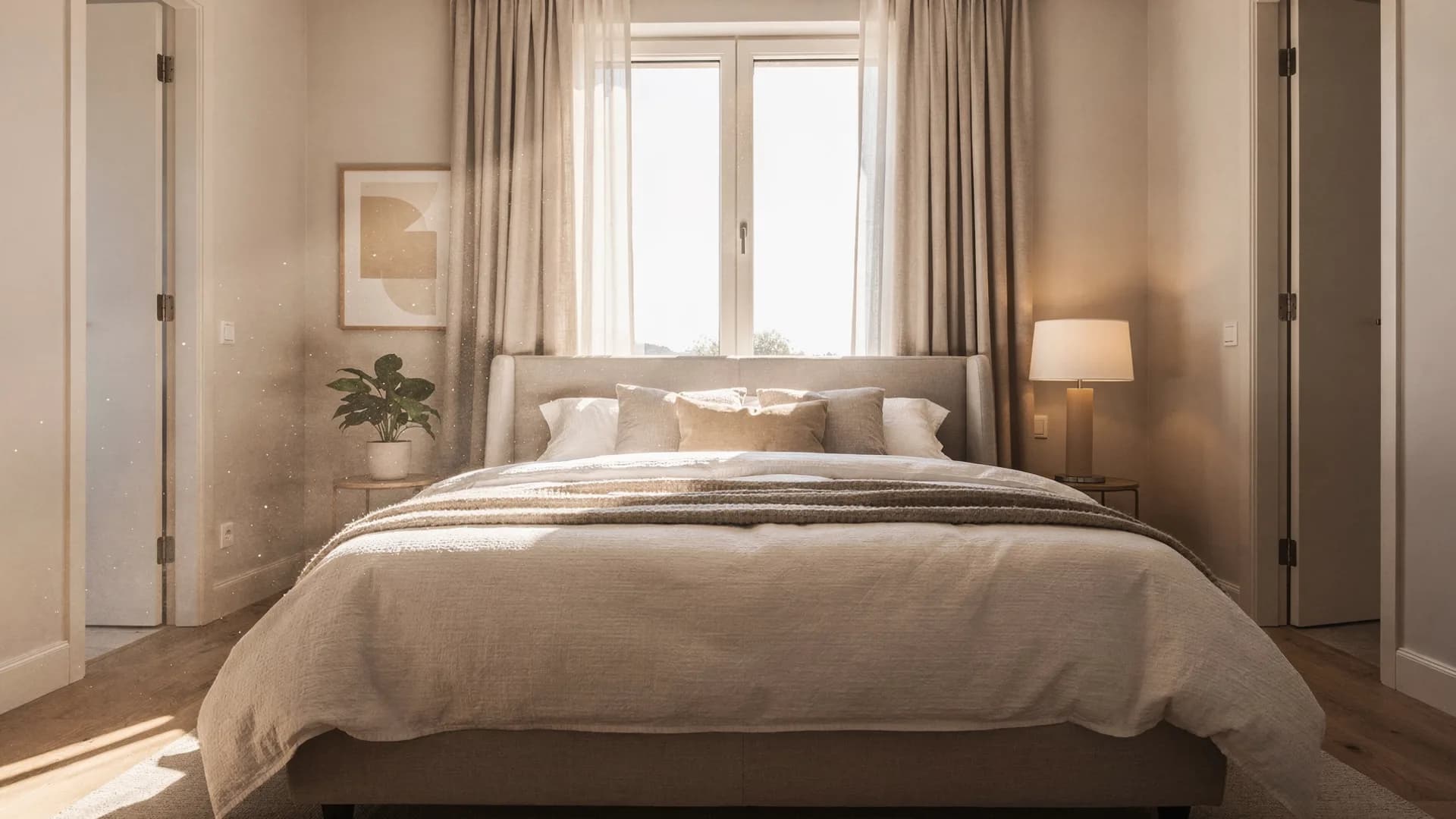 Bedroom with heavy curtains flung open and daylight flooding across the bed in a visible sunbeam.