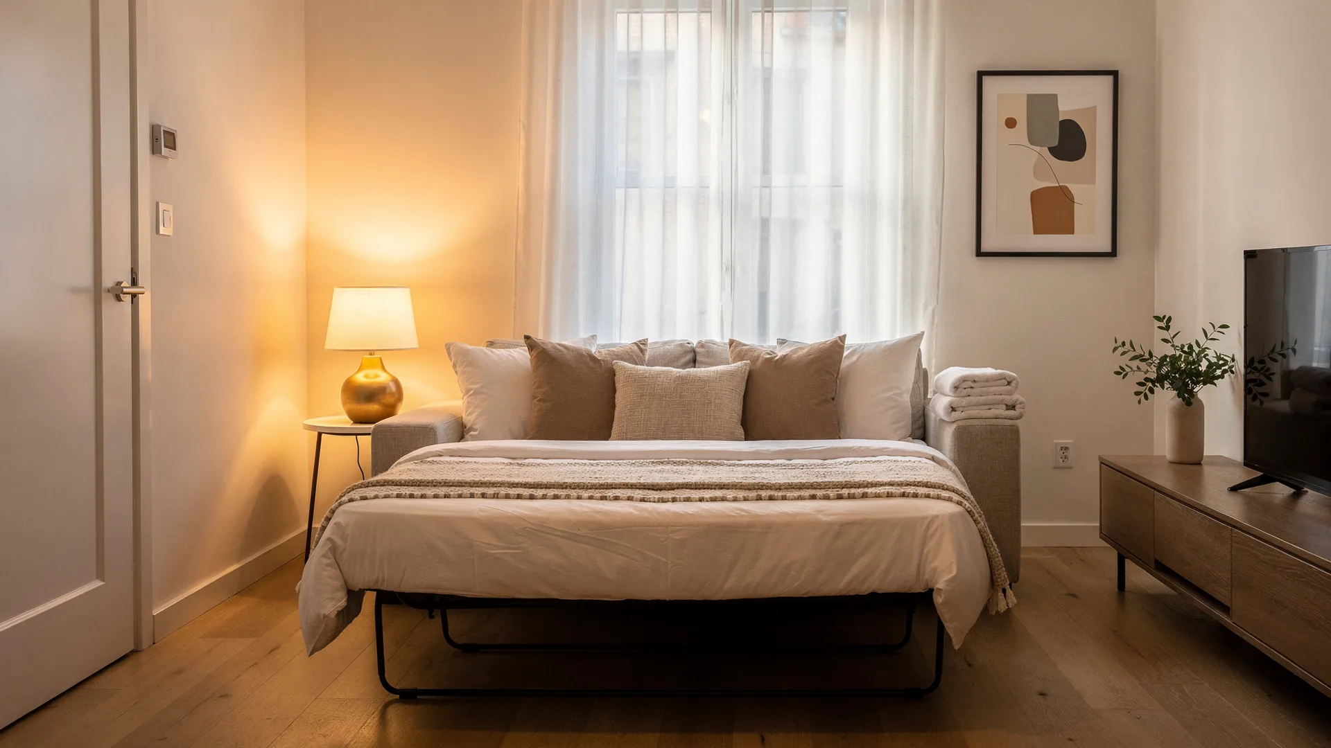 Compact city apartment living room with a sofa bed pulled out and made up, spare folded towels stacked on the armrest under lamp light.