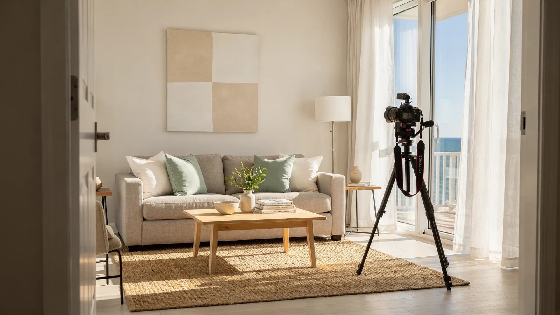 Styled beach house living room seen from the doorway with a camera tripod set up in the corner mid-photoshoot.