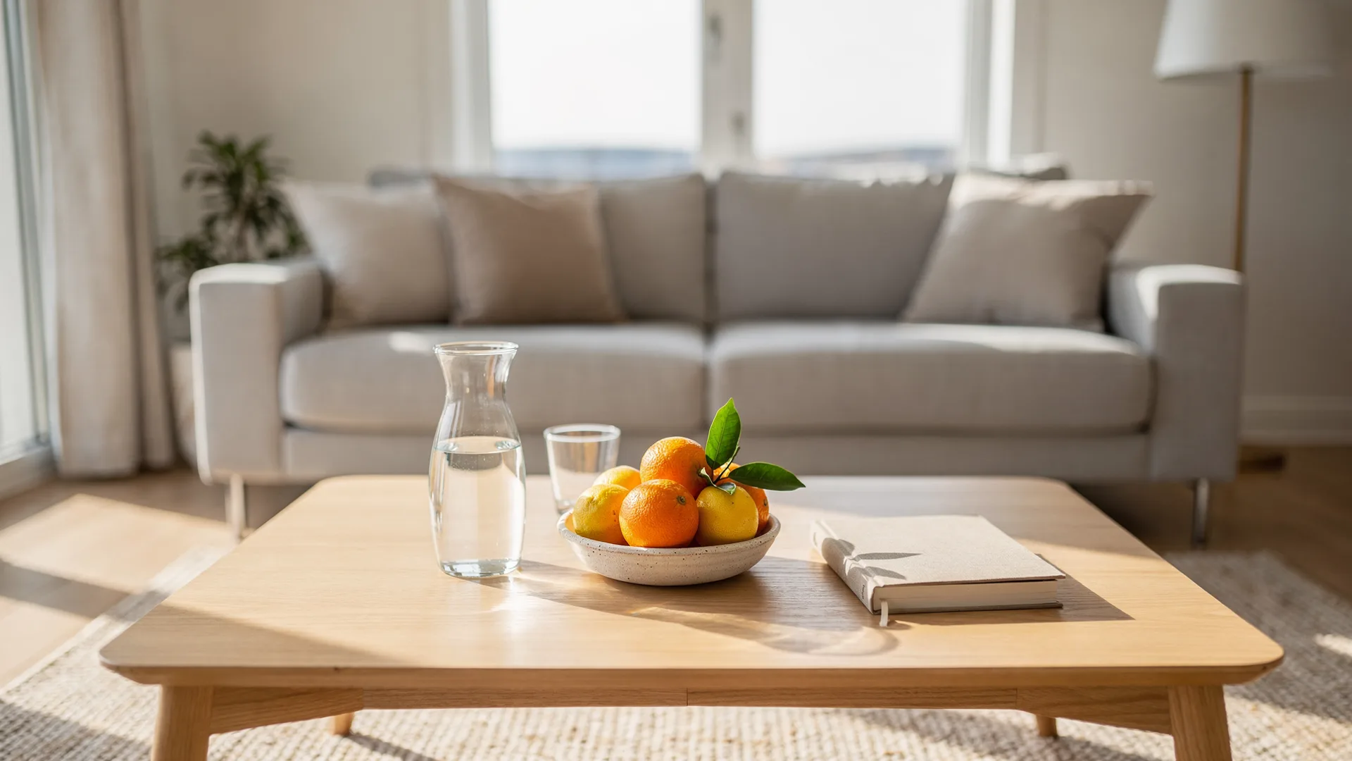 Styled coffee table with a welcome tray, glass carafe, bowl of citrus, and a closed guidebook in an empty rental living room.