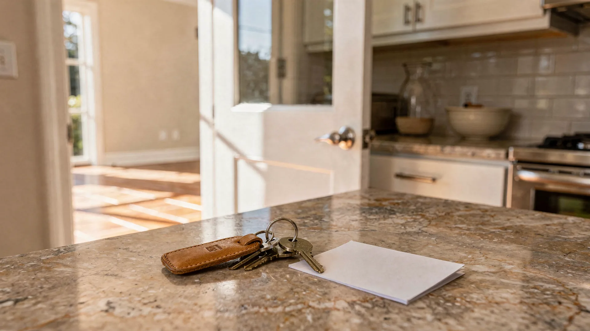 Keys on a leather fob and a folded note card left on a stone kitchen counter on checkout morning, front door ajar with daylight.