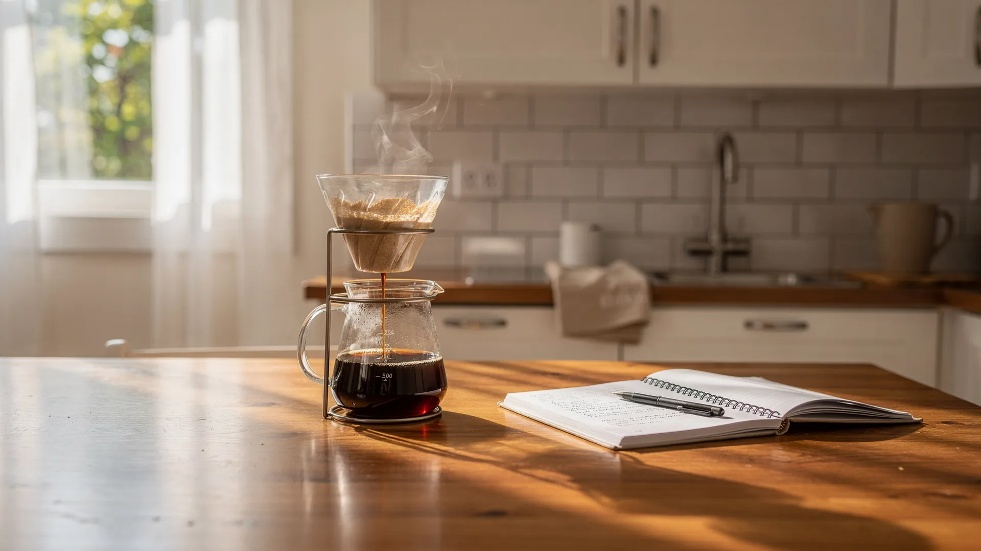 Modest rental kitchen at dawn with coffee dripping into a glass carafe beside an open spiral notebook and pen.