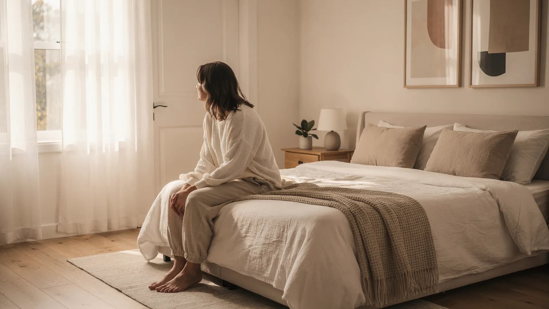 Host sitting on the edge of a neatly made bed in early morning light, turned toward the window in a quiet moment.