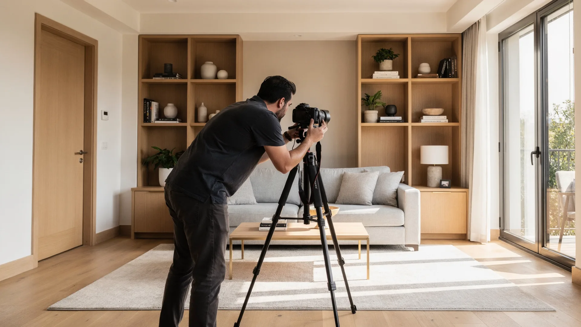 Photographer with their back to the camera adjusting a tripod-mounted camera in a fully staged rental living room.
