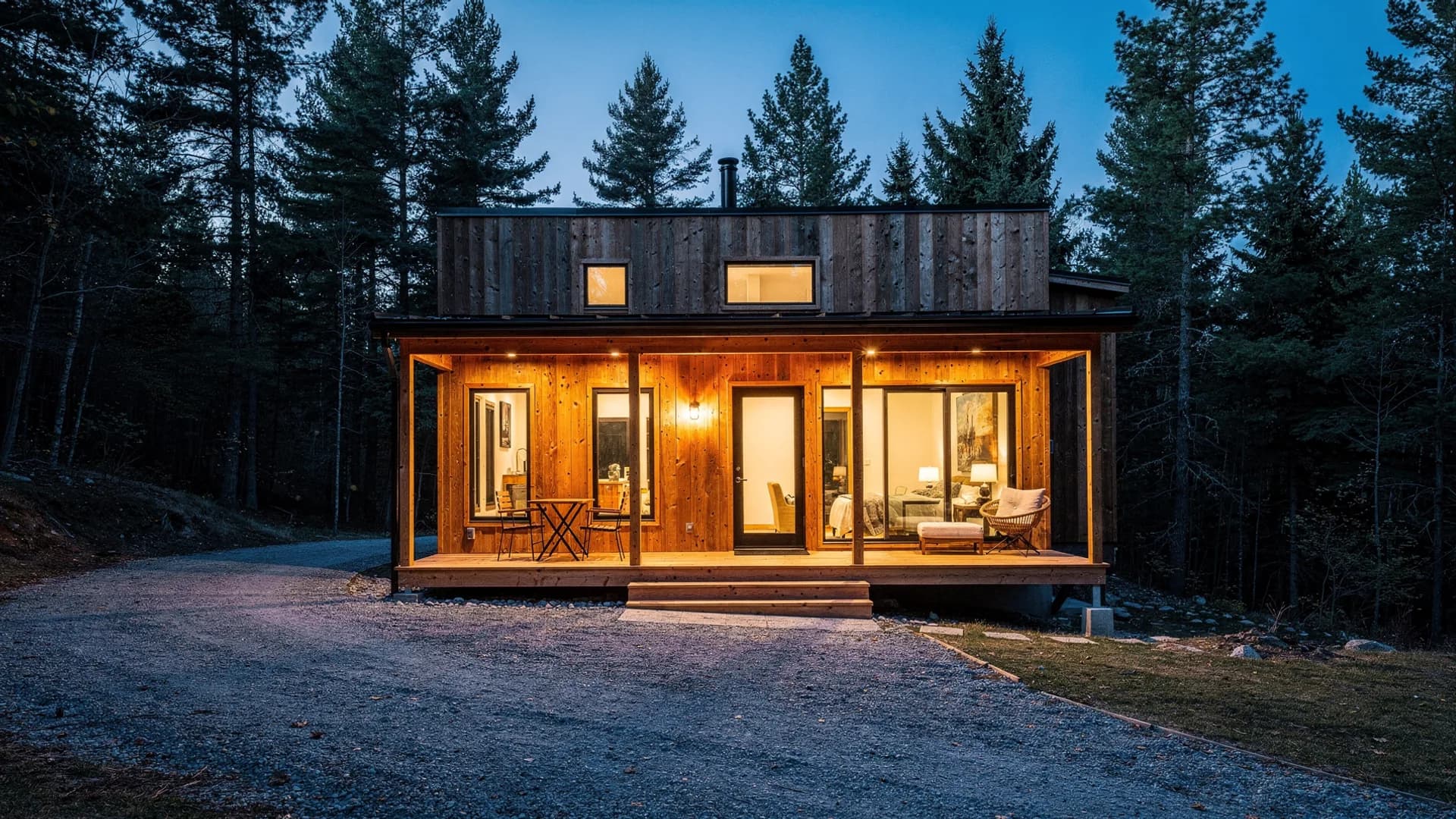 Cedar cabin rental at blue-hour dusk with a glowing porch light and warm windows, surrounded by dark pines.