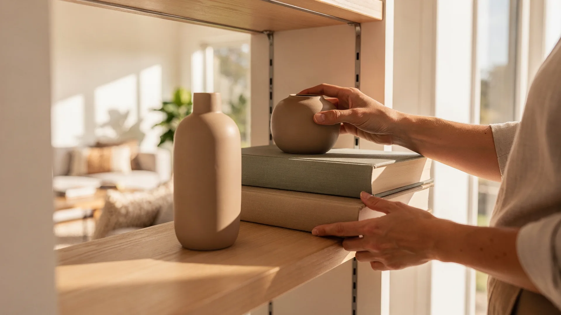 Close view of a host's hands restyling a bookshelf, adjusting a vase and stacking books, with the sunlit living room soft behind.