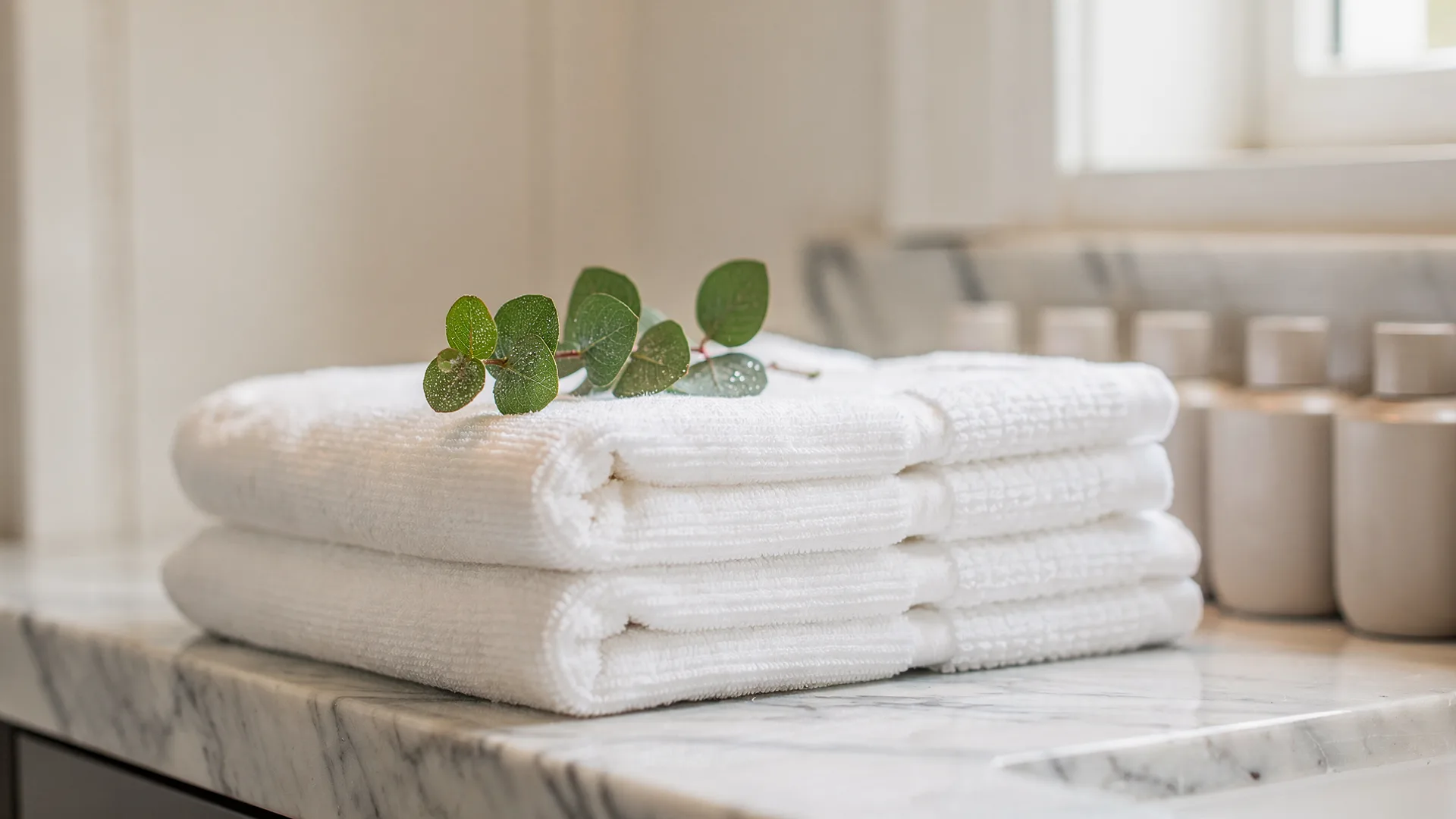 Stack of thick folded white towels topped with a eucalyptus sprig beside unlabeled amenity bottles on a marble bathroom counter.