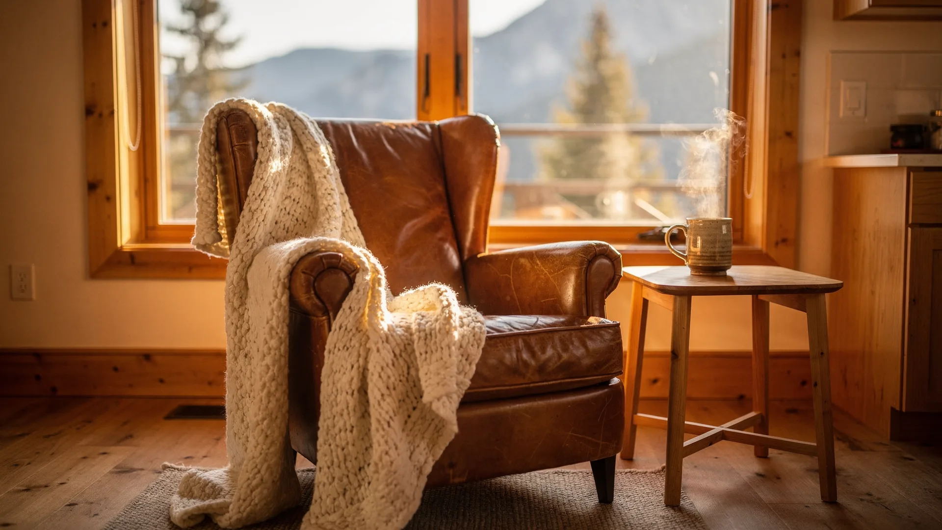 Cozy mountain cabin reading nook with a leather armchair, chunky knit blanket, and a steaming mug in low afternoon sun.