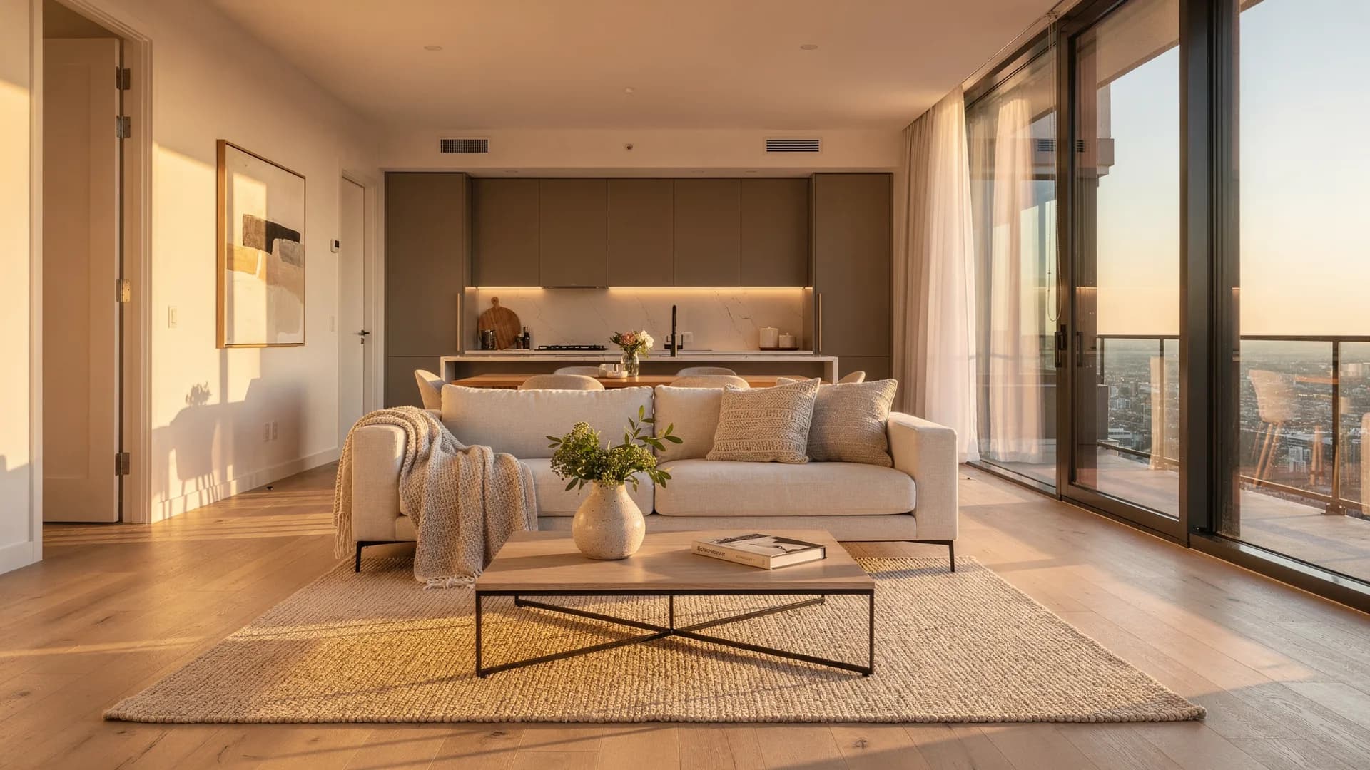 Open-plan living room in a modern city apartment at golden hour, evening light raking across oak floors toward a staged designer sofa.